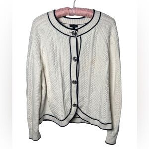 Talbots Cable Knit Cutaway Cardigan Tipped Ivory & Navy Women’s Size XL